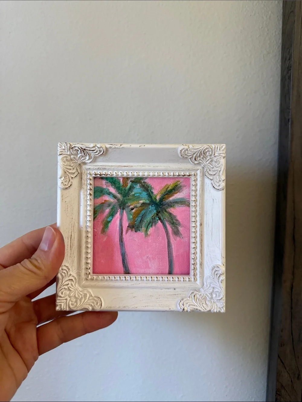 White Ornate Framed Mini Palm Painting - Pink & Green